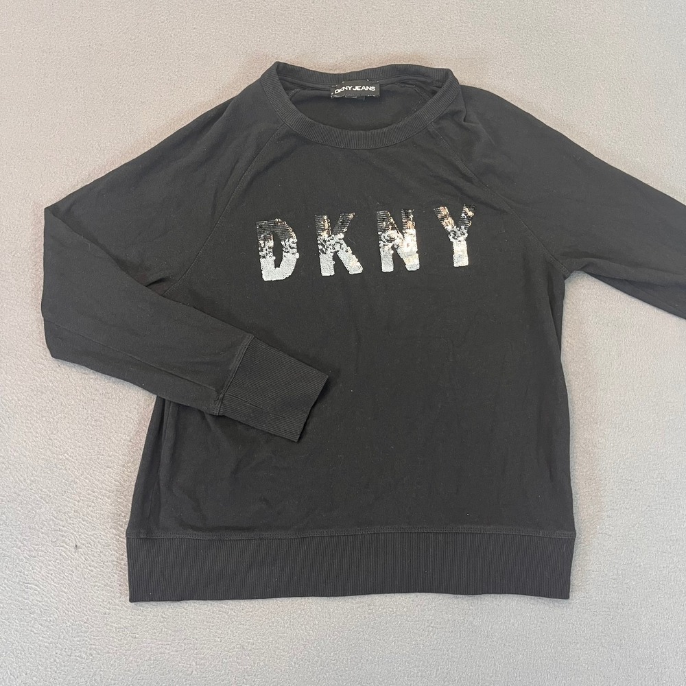 DKNY Women's Sz Small Sequin Black Pullover Fleece Spellout Sparkle Logo Ls Crew